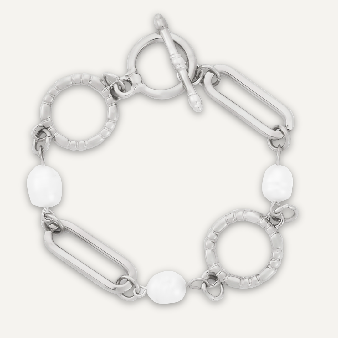 Audrey Faux Pearls T-Bar Silver Bracelet