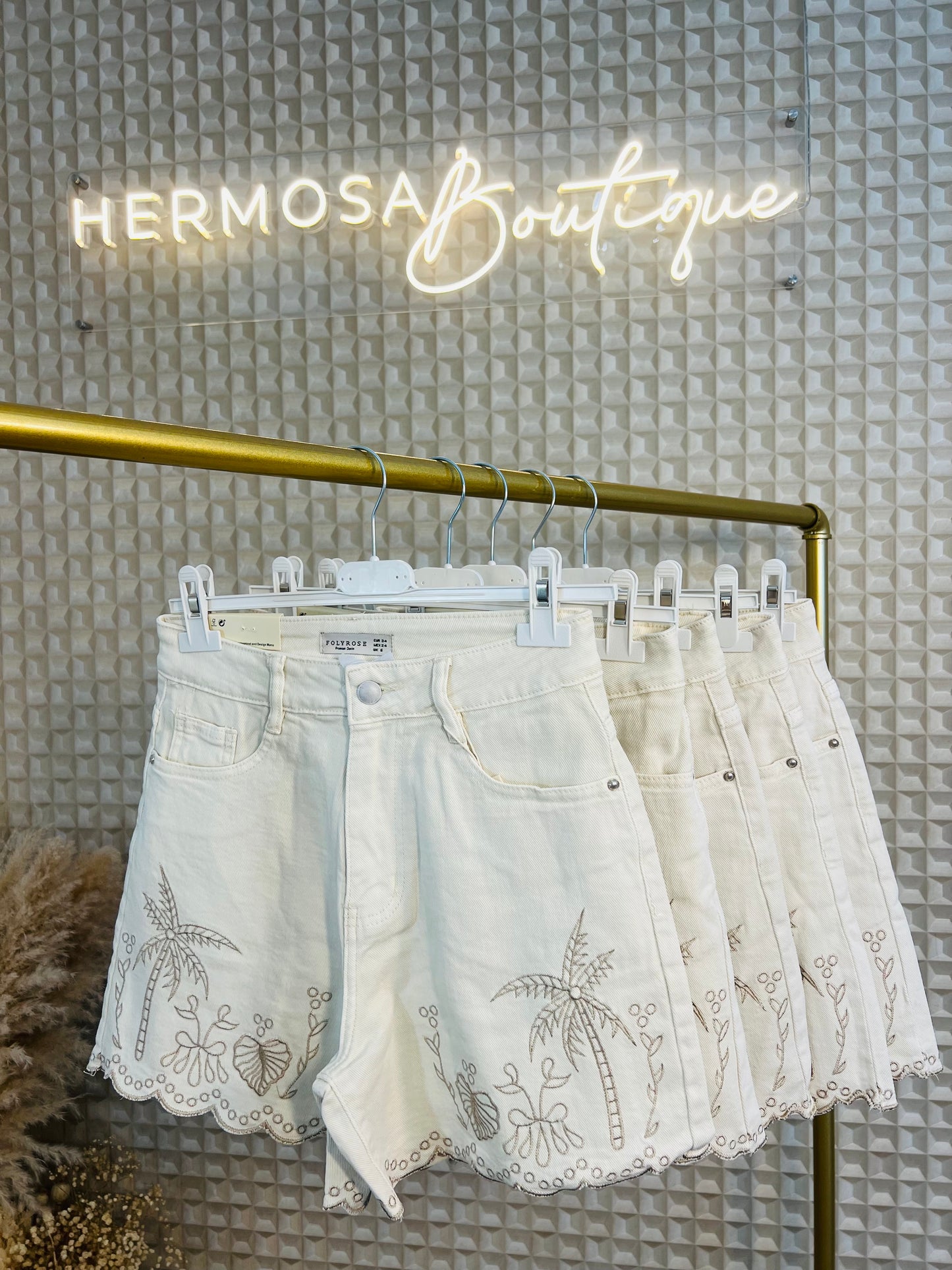 Cream Palm Tree Denim Shorts