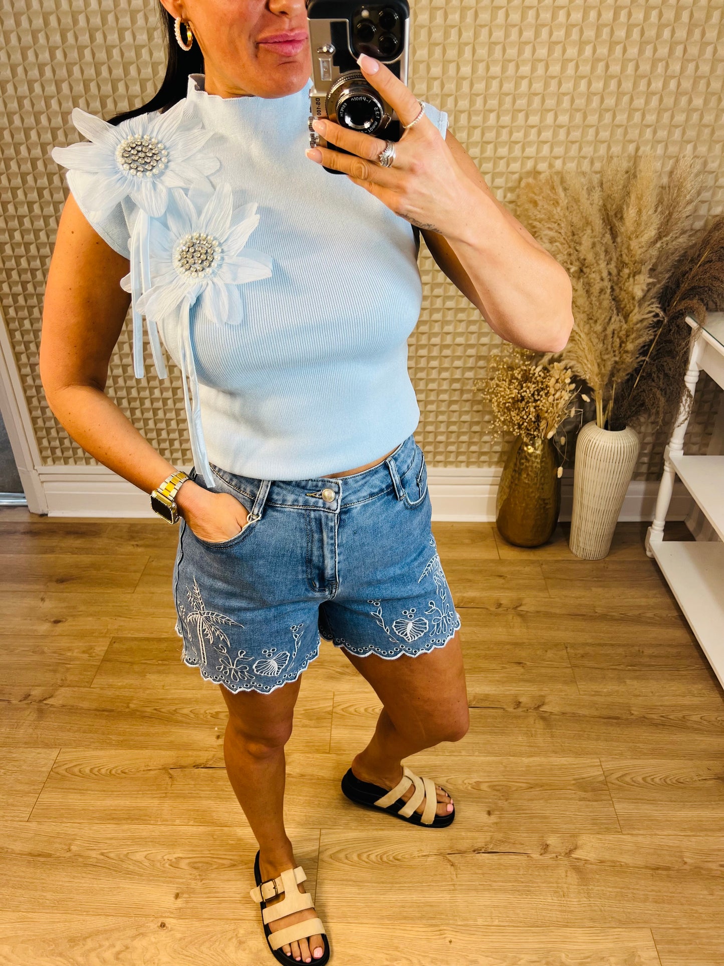 Blue Diamanté Flower Knit