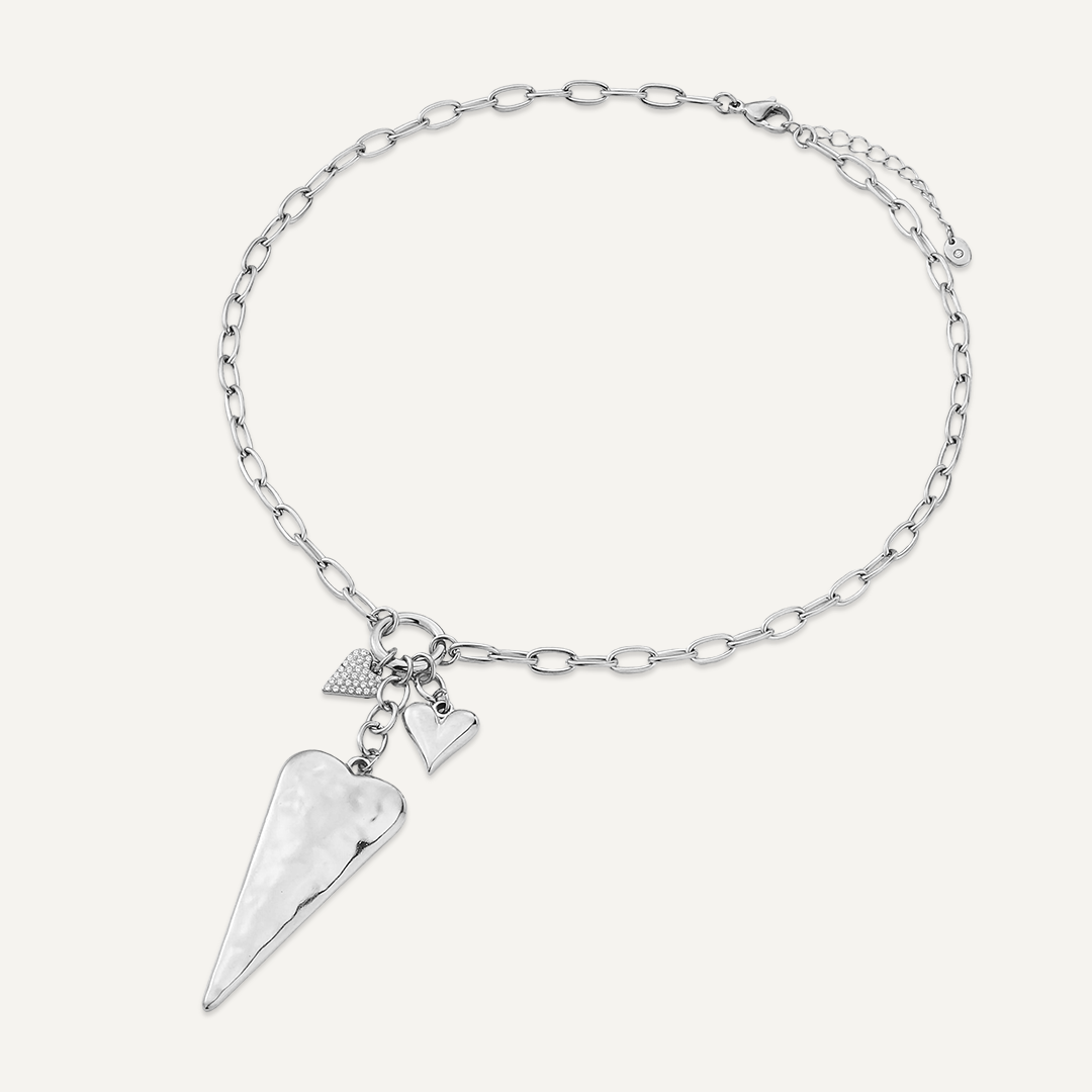 Silver double heart and triangle necklace