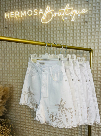 White Palm Tree Denim Shorts