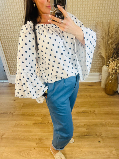 Navy Spot Bardot Top