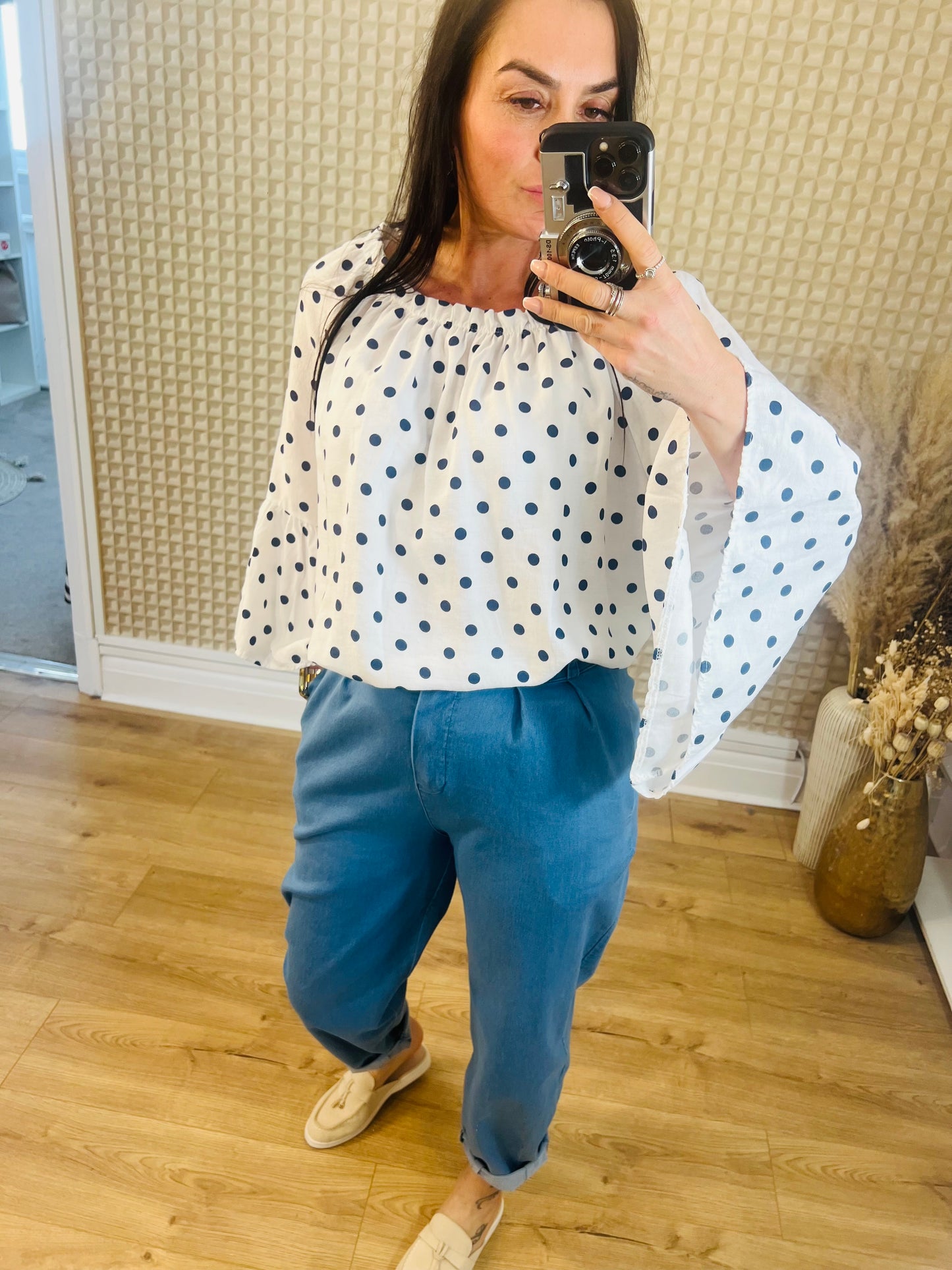 Navy Spot Bardot Top