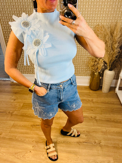 Blue Diamanté Flower Knit