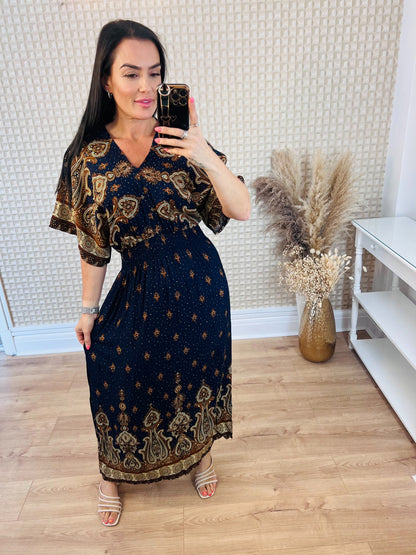 Navy Ethnic Midi Dress