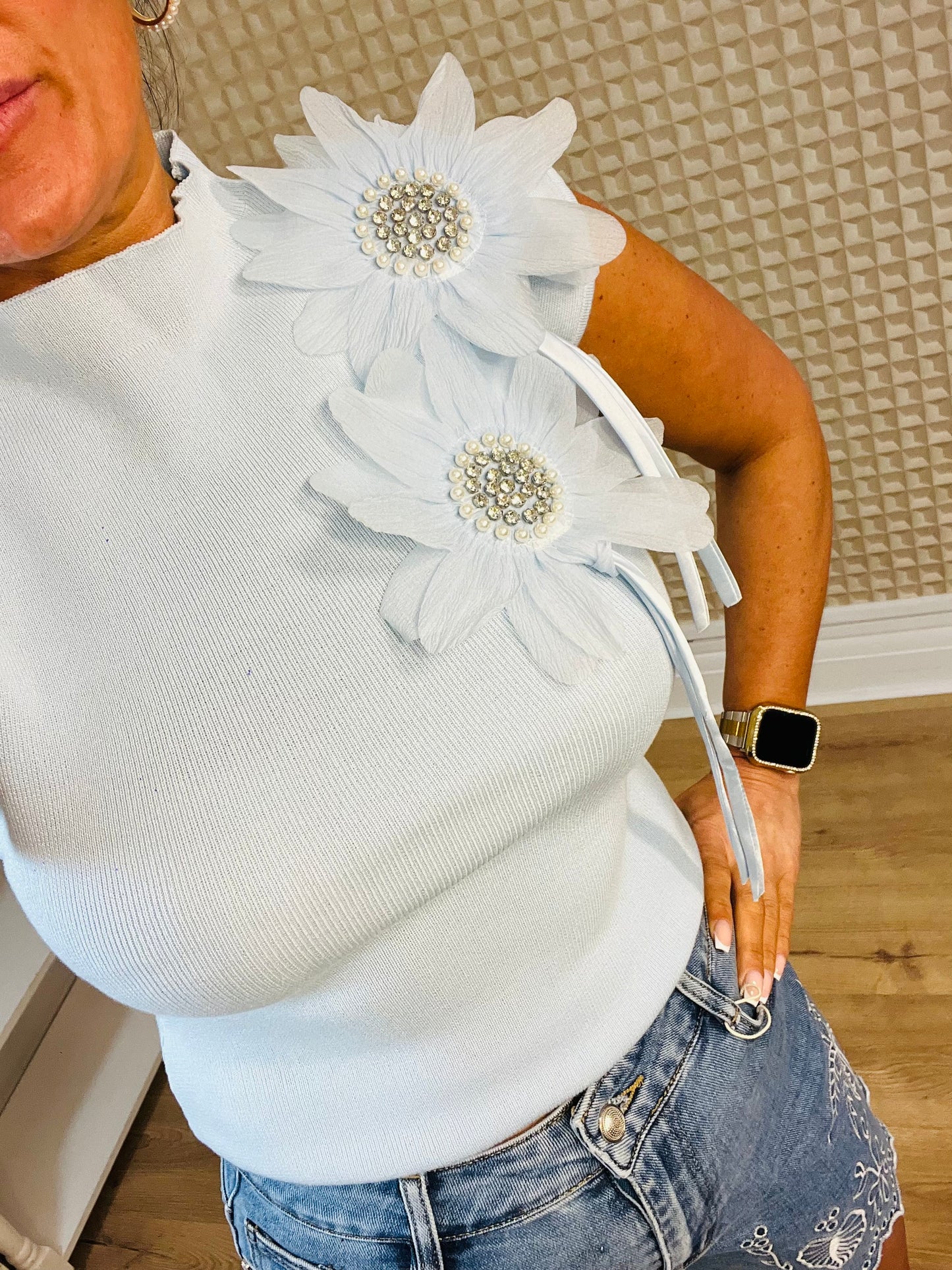 Blue Diamanté Flower Knit