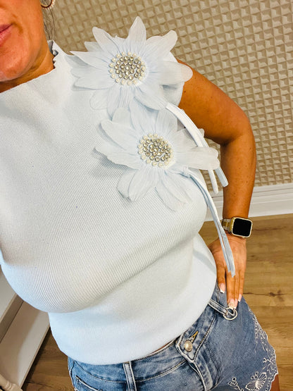 Blue Diamanté Flower Knit
