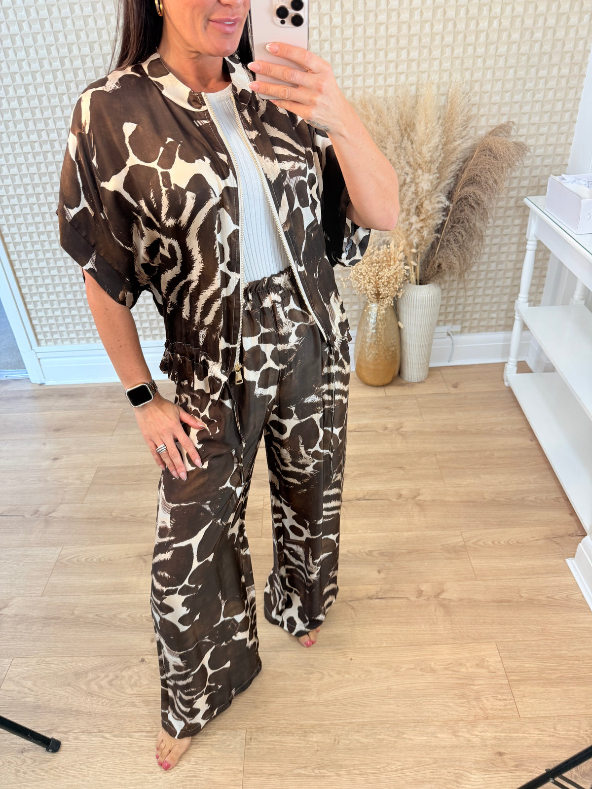 Giraffe print silk two piece