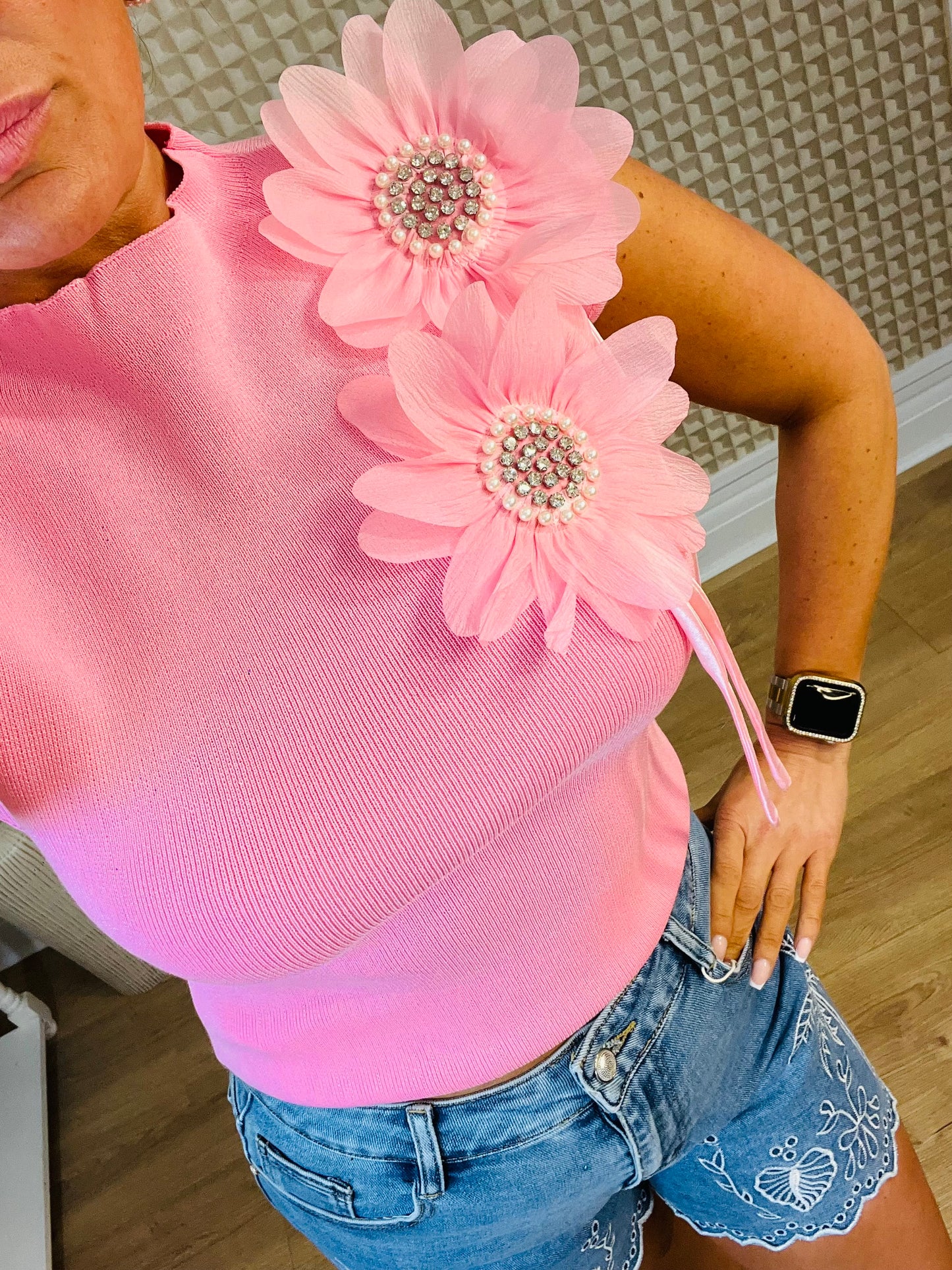 Pink Diamanté Flower Knit