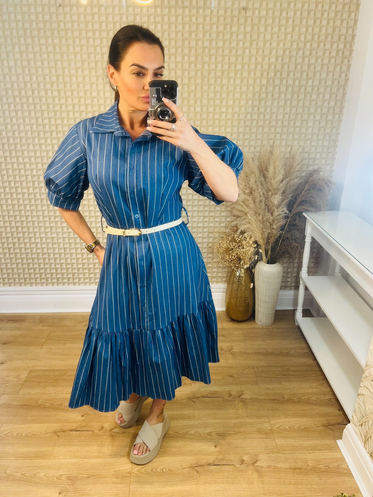 KM STRIPE BELTED DRESS