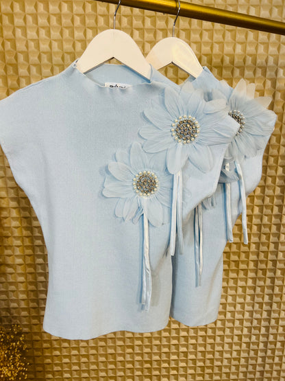 Blue Diamanté Flower Knit