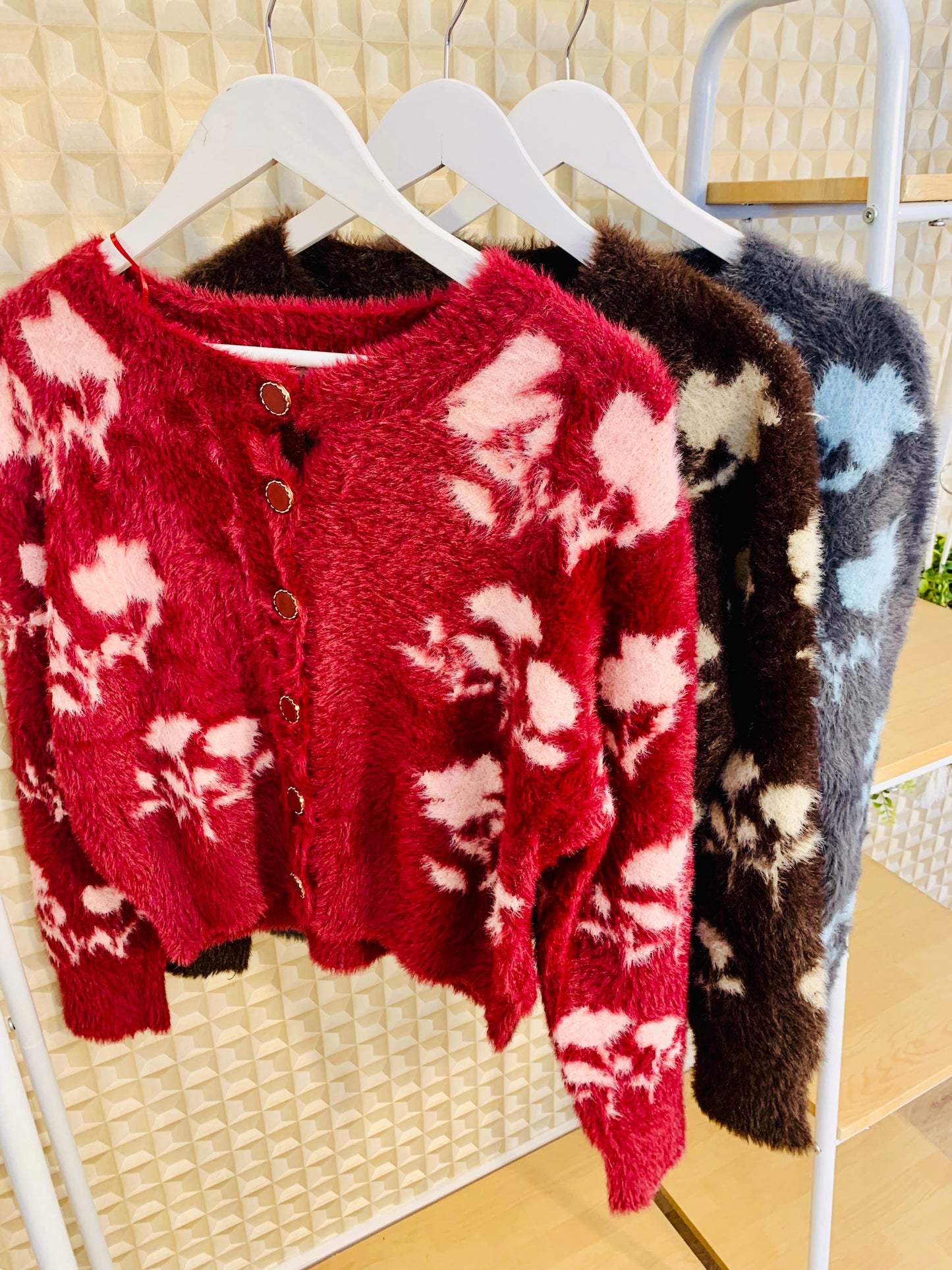 Wine Floral Fluffy Cardigan