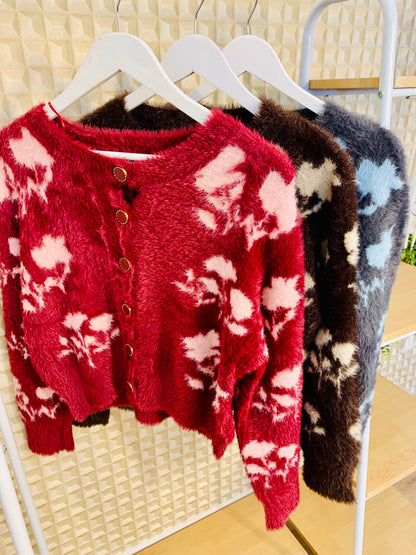 Wine Floral Fluffy Cardigan