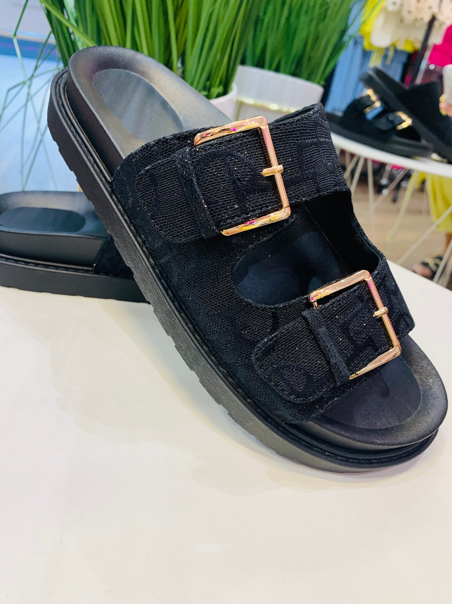 Black Buckle Sparkle Sliders