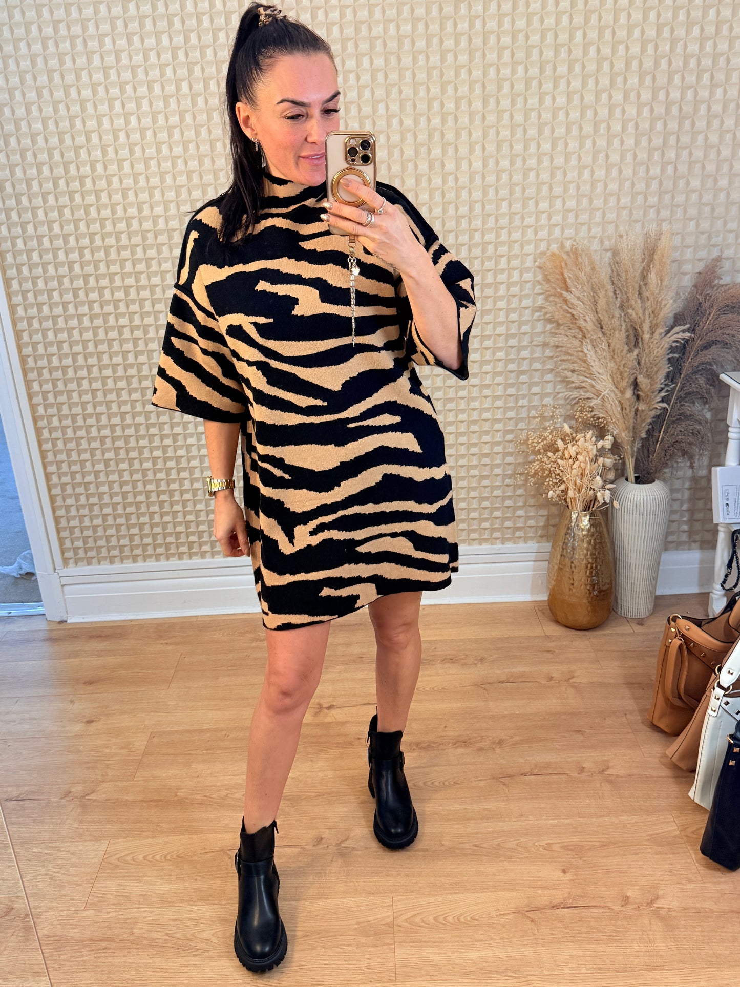 Tiger Knit Dress Brown